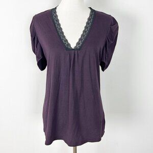 Y2K Gap Purple Knit Top with Black Lace Edge Puff Sleeve Size Large Women's